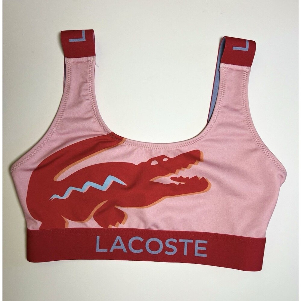 Lacoste Pink/Red Graphic Logo Pullover Sports Bra Medium Support Wireless 34 NWT